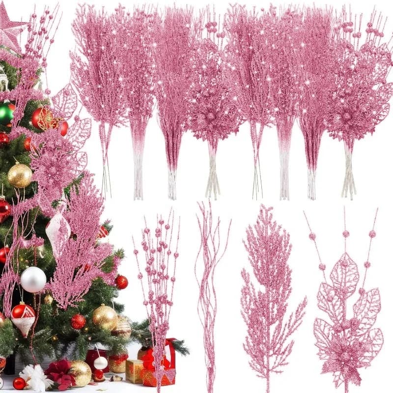 12Pcs Pink Christmas Tree Decoration Artificial Glitter Stems Xmas Tree Hanging Navidad Berry Flowers Gift New Year Home Decor