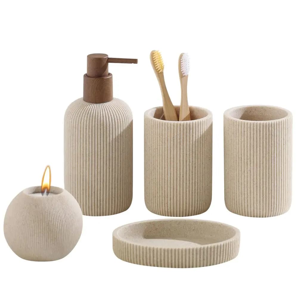 Set di Accessori, 5 Pezzi Organizzatore da Bagno Moderno Effetto Arenaria con Dispenser Sapone, Porta Spazzolino, Bicchiere, Porta Sapone, C