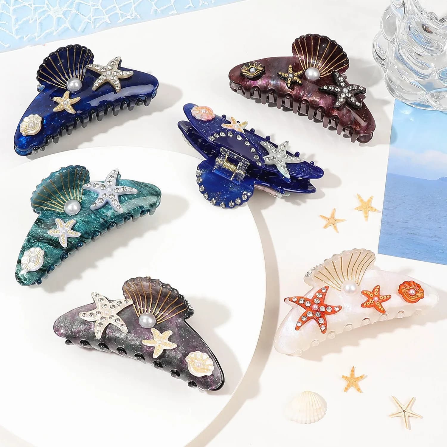 Grandi fermagli per capelli serie mare, accessori per capelli in acetato, fermagli fatti a mano con diamanti, stelle marine e conchiglie