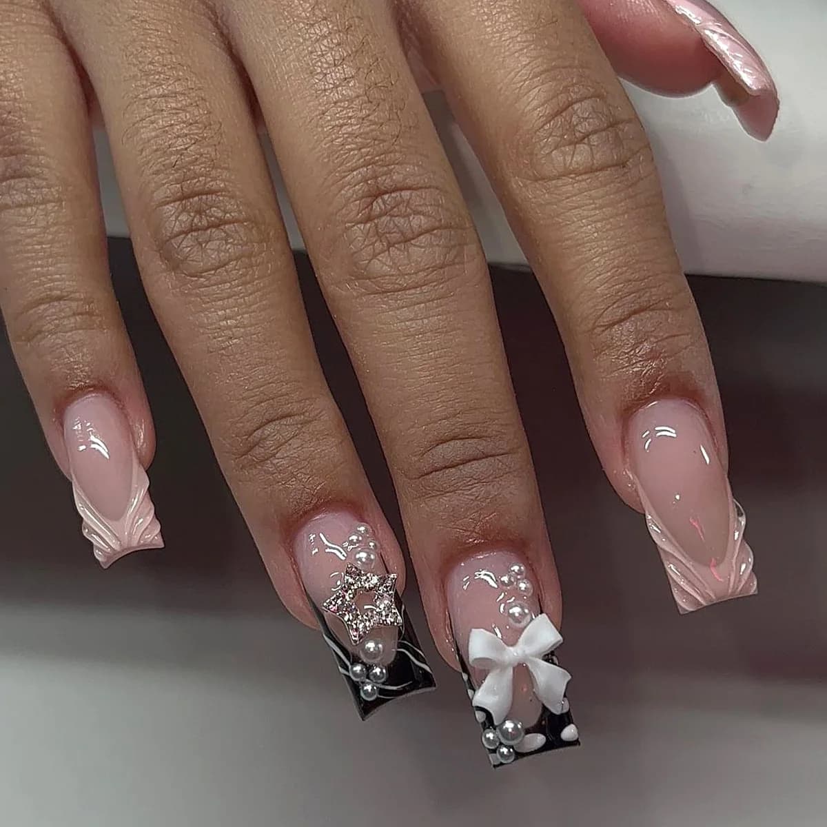 24 medium length french square fingernail tips with bow design fake nail pearls wearable rhinestones star artistic nails print on nails
