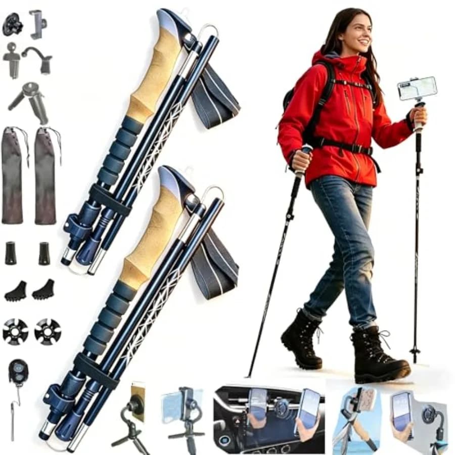 Bastoncini da Trekking Pieghevoli con Supporto per Fotocamera/Telefono, Montaggio Magnetico e Mini Treppiede, Bastoncini da Escursionismo Leggeri e Portatili per Donne