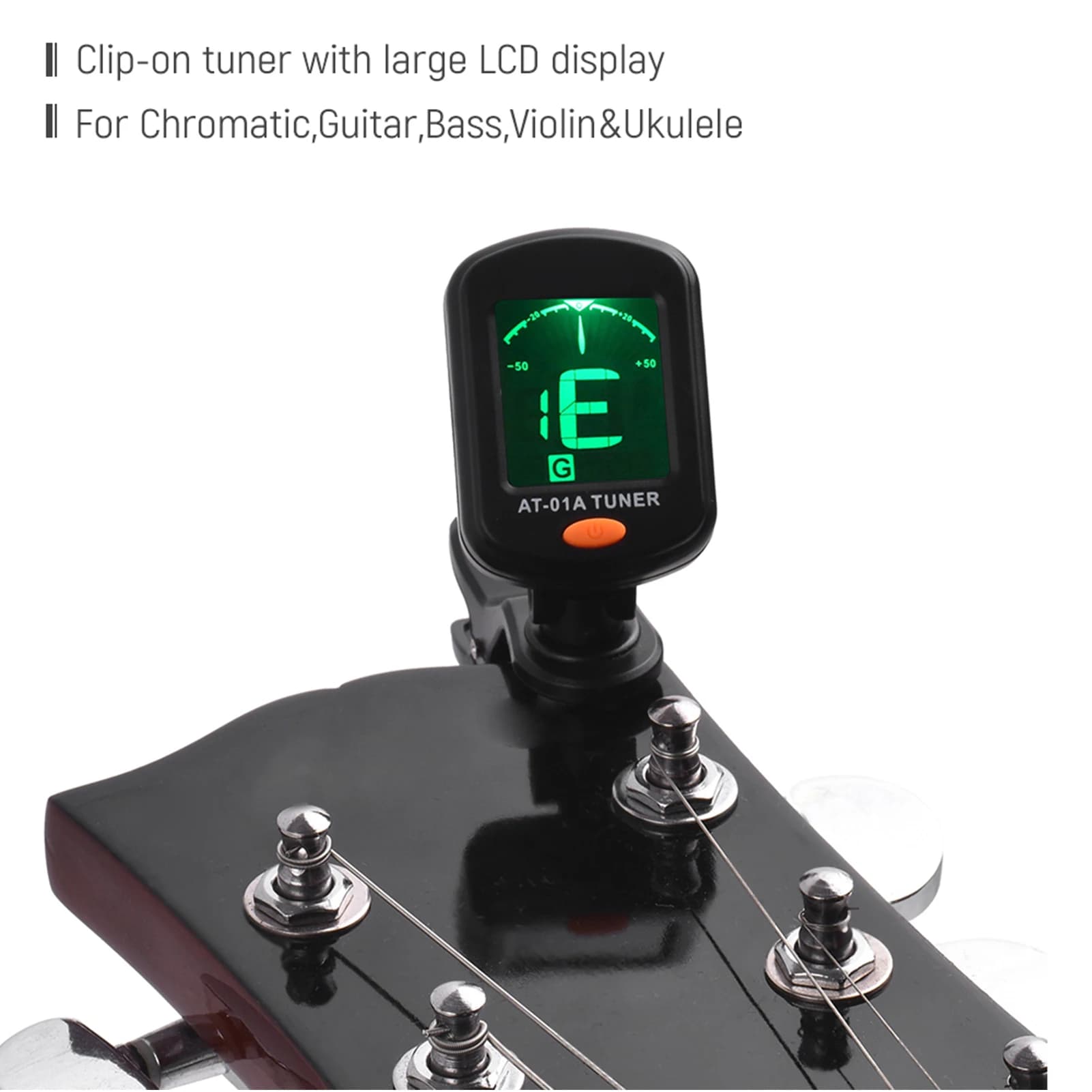 AT-01A Accordatore clip-on ruotabile Display LCD per chitarra cromatica Basso Ukulele Violino Accordatore per chitarra elettrica Accordatore per chitarra