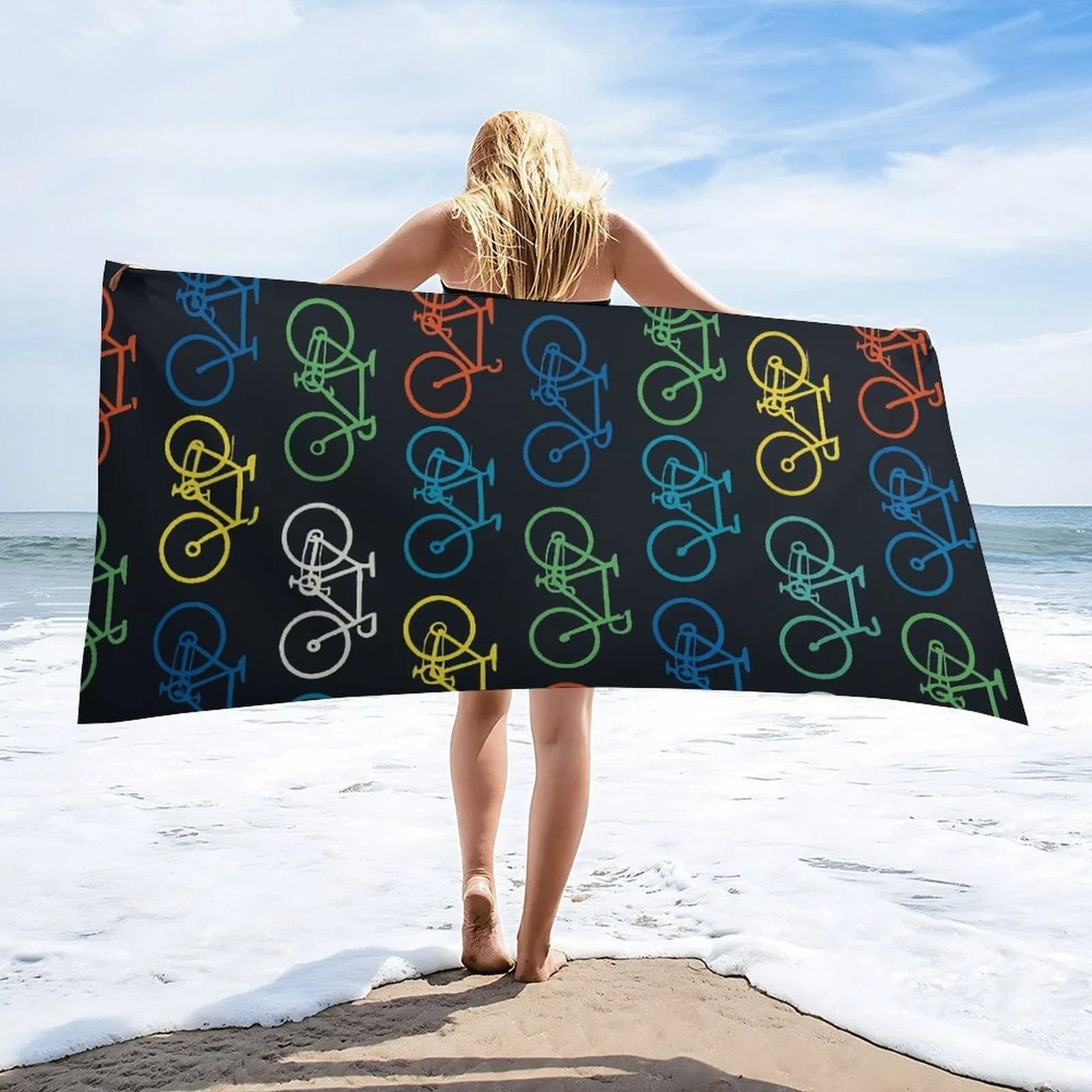 Asciugamano da spiaggia colorato con motivo bicicletta - Microfibra super assorbente ad asciugatura rapida, leggero e ad asciugatura rapida per spiaggia, piscina, palestra, viaggi