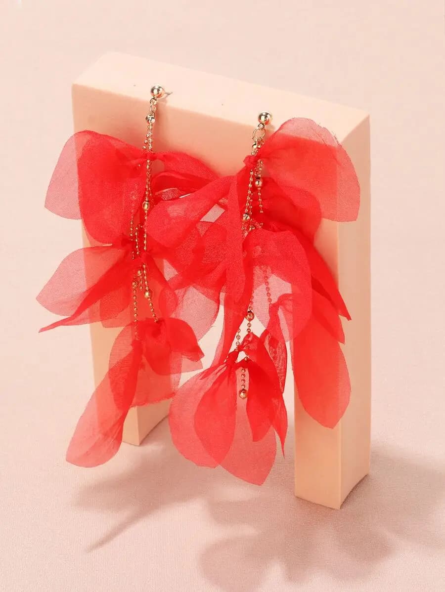 Red Organza Bow Drop Earrings With Beaded Chain Dangle