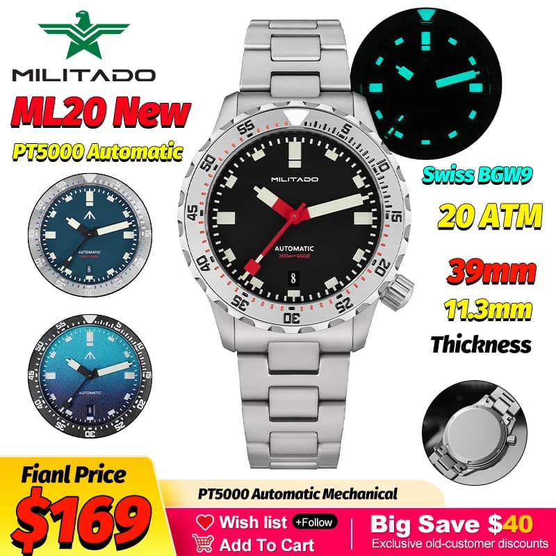 Militado Nuovo ML20 Orologio da polso meccanico automatico PT5000 Zaffiro 200M Bracciale in acciaio inossidabile impermeabile 39Mm Orologio da uomo di lusso