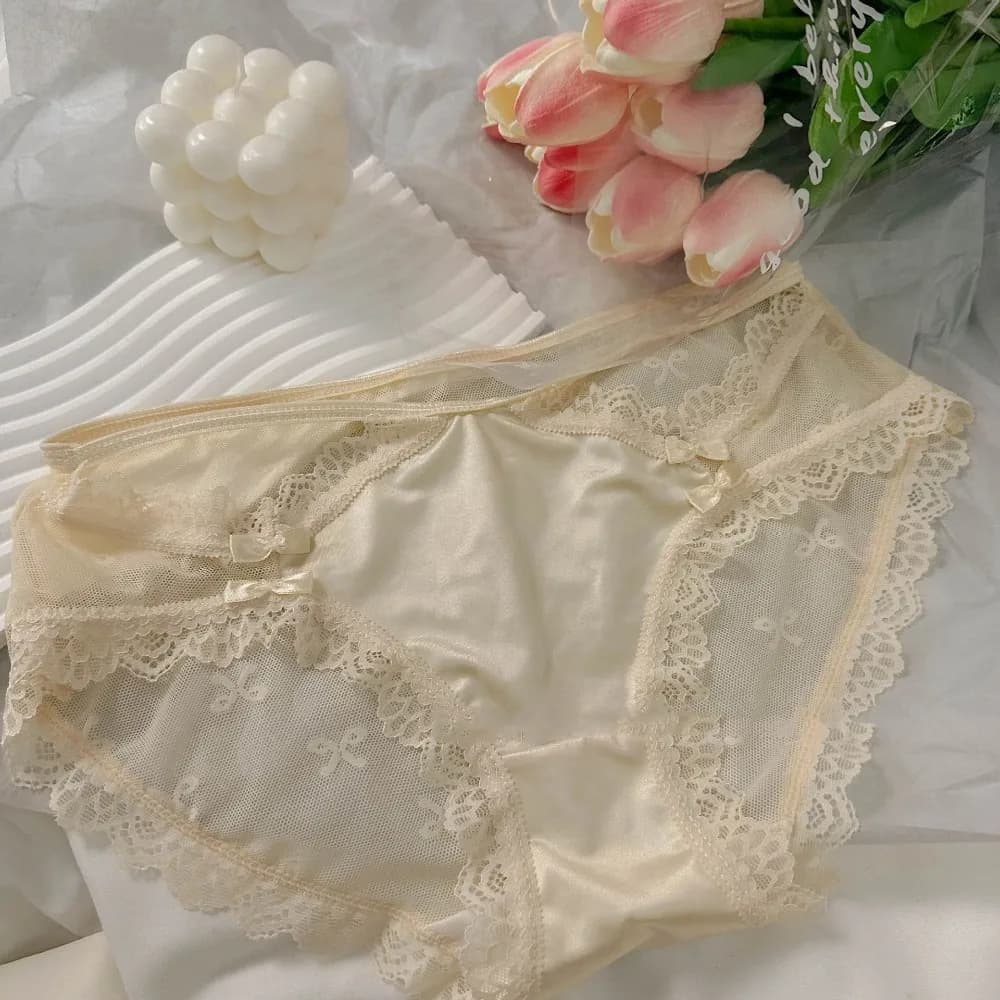 Mutandine Trasparenti in Pizzo di Cotone Traspirante Senza Cuciture con Fiocco Stile Francese per Donna