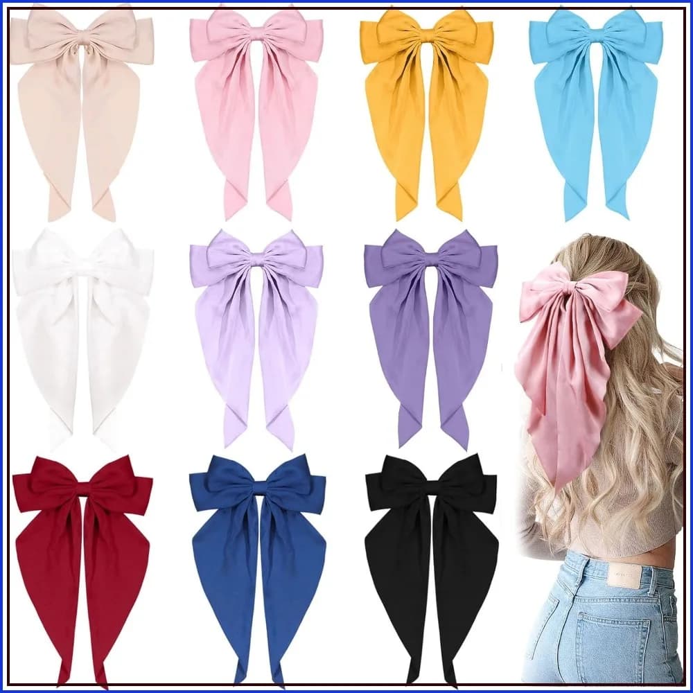 10 Pcs Large Hair Ribbon Barrettes With Long Tails For Women Girls, Vintage French Bow Clips Set A
