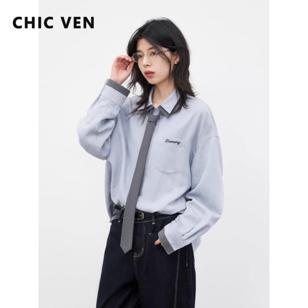 CHIC VEN Fashion Women Shirt Loose Casual Lapel Long Sleeved Blouses with Detachable Tie Female Tops Spring Summer 2026