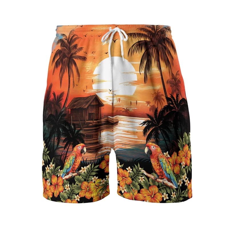 Tropical Party 3D Print Short Pants For Men Clothes Coconut Tree Parrot Beach Shorts Vacation Trunks Hawaiian Bermudas Trousers