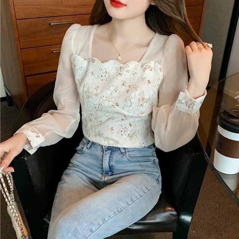 Women's Chiffon Shirt Spring 2026 New Collection with Lace Inserts, Square Collo, Unique Floral Print, Fresh Top and Sweet
