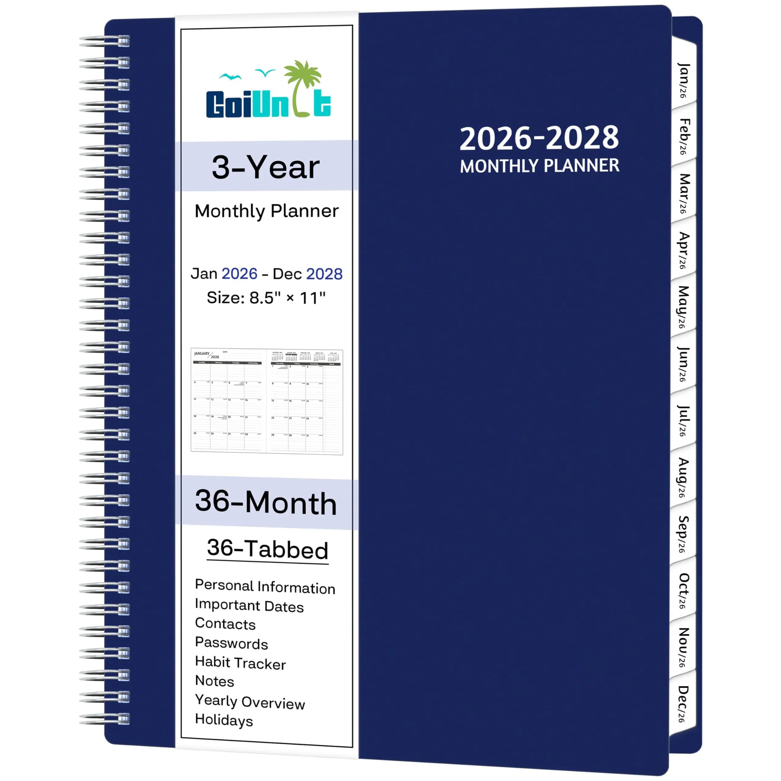 Agenda mensile gennaio 2026 - dicembre 2028, 8,5"x11" a spirale con tracker delle abitudini, tasca e divisori per la pianificazione scolastica e domestica