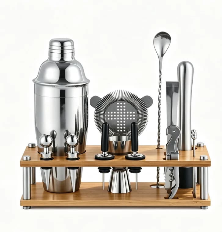 Stainless Steel Cocktail Shaker Bar Tool Set, Drink Mixing Kit with Jigger, Strainer, Muddler, Spoon, Ice Tong, Wine Opener