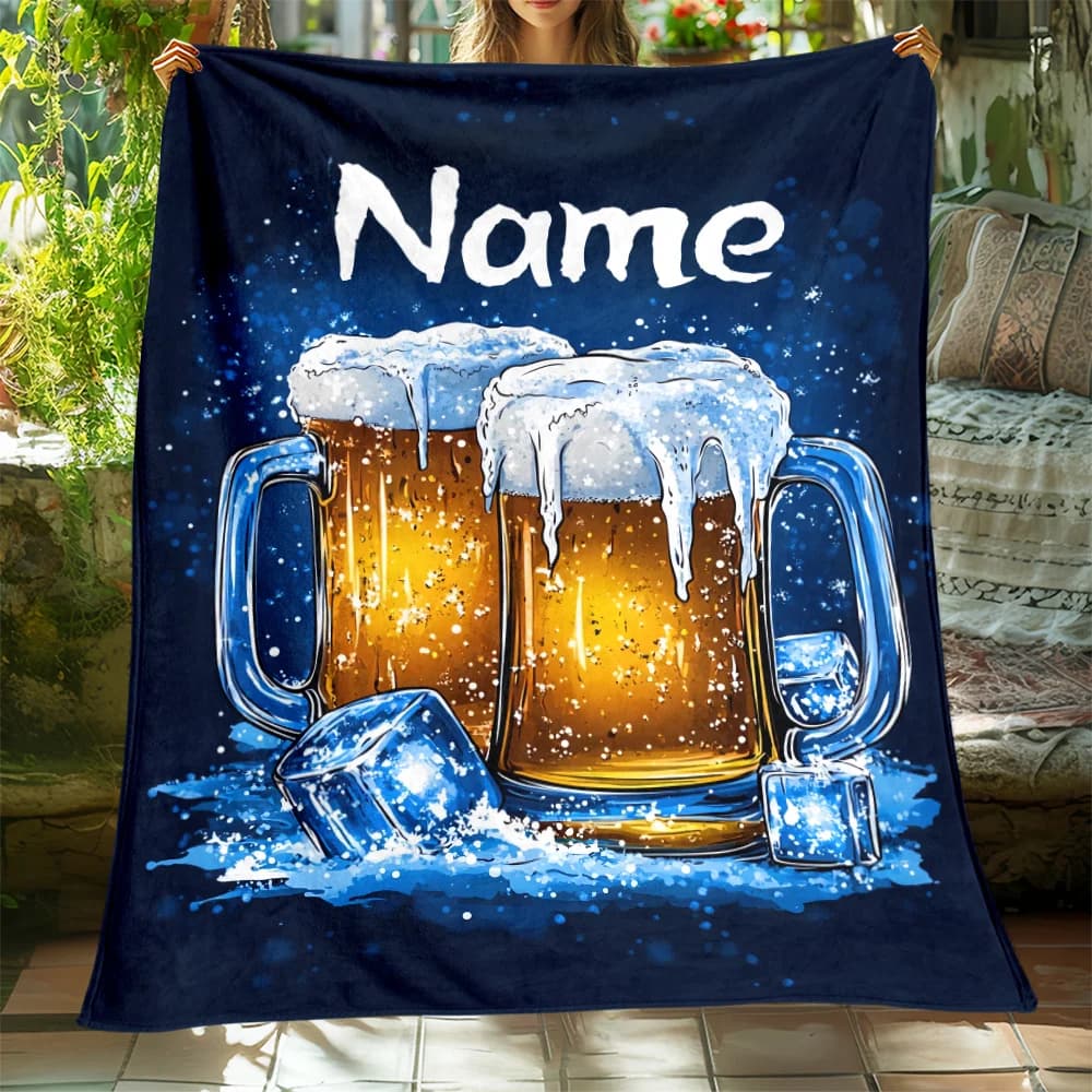 Coperta Personalizzata a Forma di Boccale di Birra con Nome, Design Ghiacciato, Morbido Pile, Regalo per Uomo, Decorazione Casa, Tema Festa