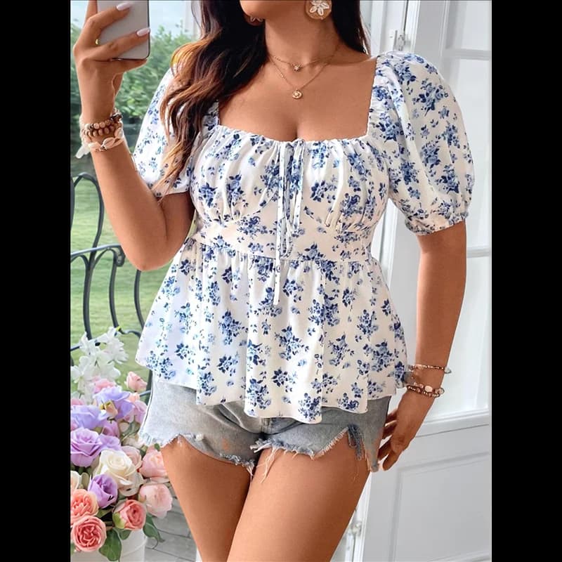 ABRT-Camisiera floreale da donna Boho arricciata con collo quadrato e maniche corte a sbuffo, camicia da vacanza, top peplo