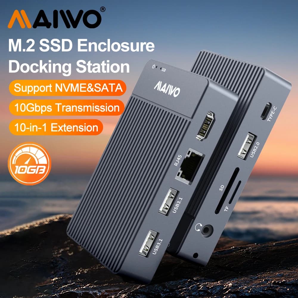 MAIWO M2 Enclosure SSD for NVMe SATA SSD with HUB USB 10-in-1 Type-C to HDMI 4K60Hz SD&TF 10Gbps for Laptop Macbook Splitter USB