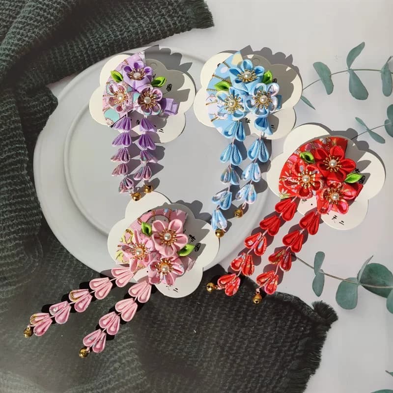 Japanese Kimono Hair Accessory Bathrobe Tassel Hair Clip Ancient Hanfu Headpiece Performance Cherry Blossom Pink Edge Clip