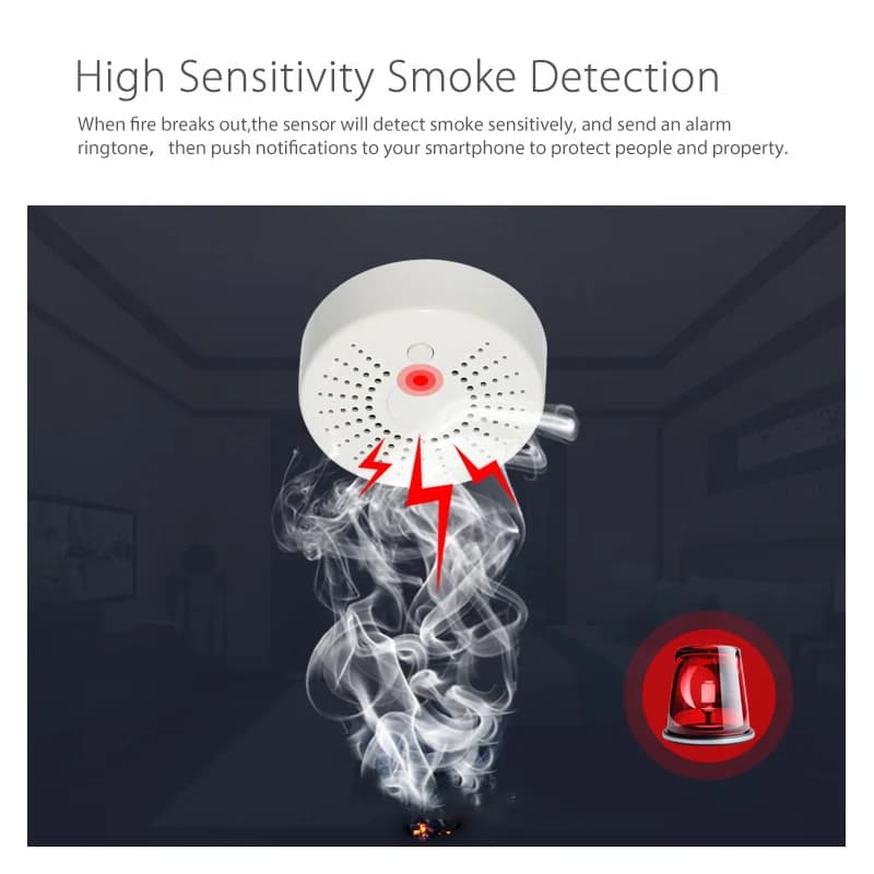 Rilevatore di Fumo Smart WiFi Tuya con Controllo Remoto tramite App, Sensore Wireless di Rilevamento Incendi con Allarme a Temperatura e Luce Lampeggiante