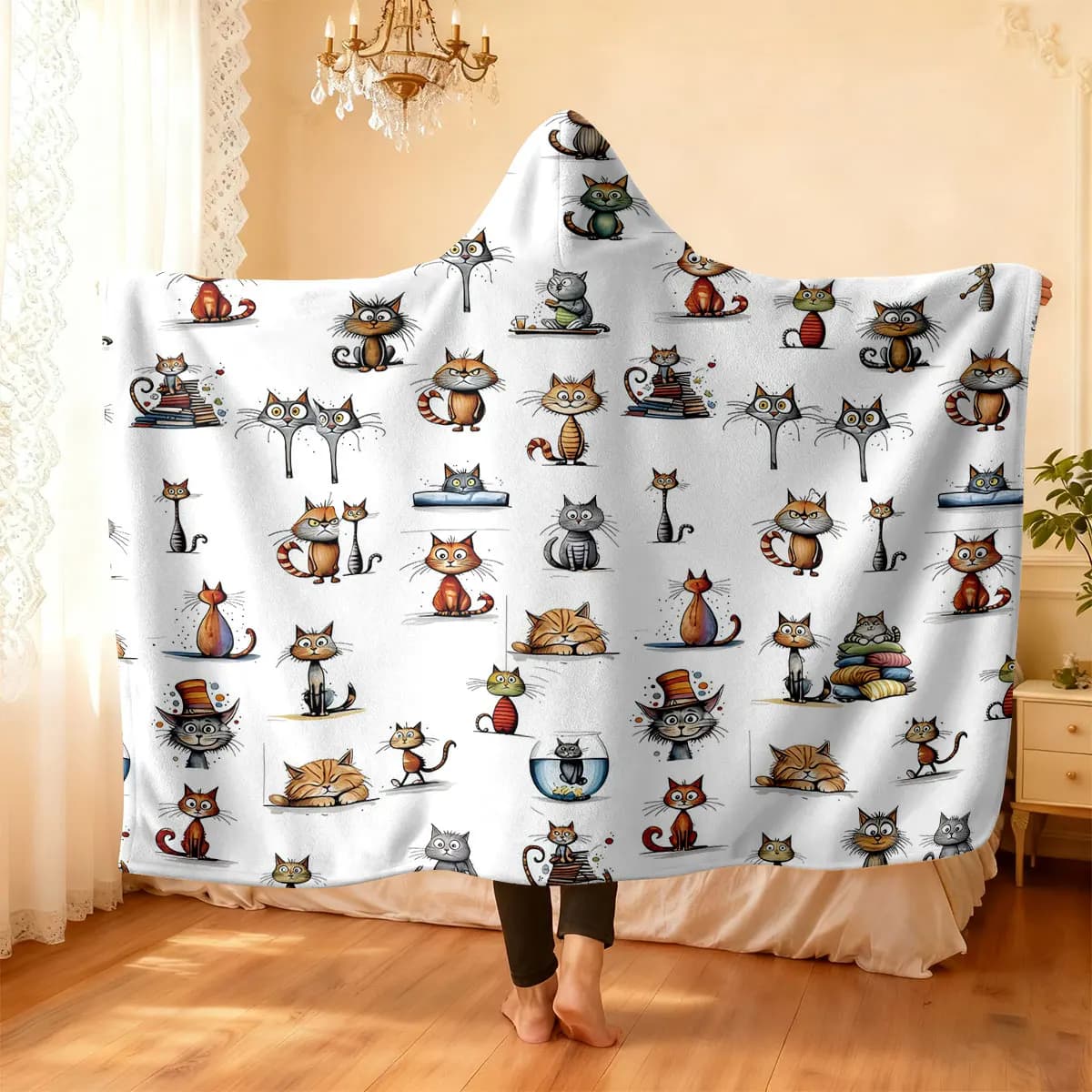 1pc various cute cartoon kitten pattern flannel hoodie, which can be worn as a cape or blanket multiple sizes