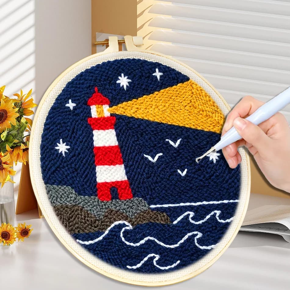 Diy Punch Needle Embroidery Starter Kits Landscape Pattern Poking Embroidery Hoop Yarn Rug Crafts Painting For Home Decor