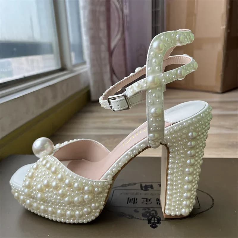 Luxury Brand Women's Shoes Fully Handmade Pearl Thick Heeled Sandals Wedding Bride Banquet Fashion Waterproof Platform High Heel