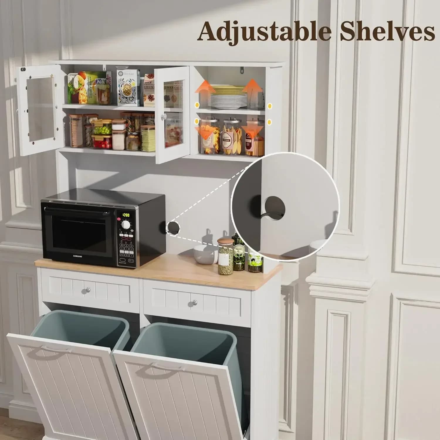 Free Standing Dual Wooden Trash Cabinet 20 Gallon Recycling Bin Drawers Hideaway Storage For Kitchen White