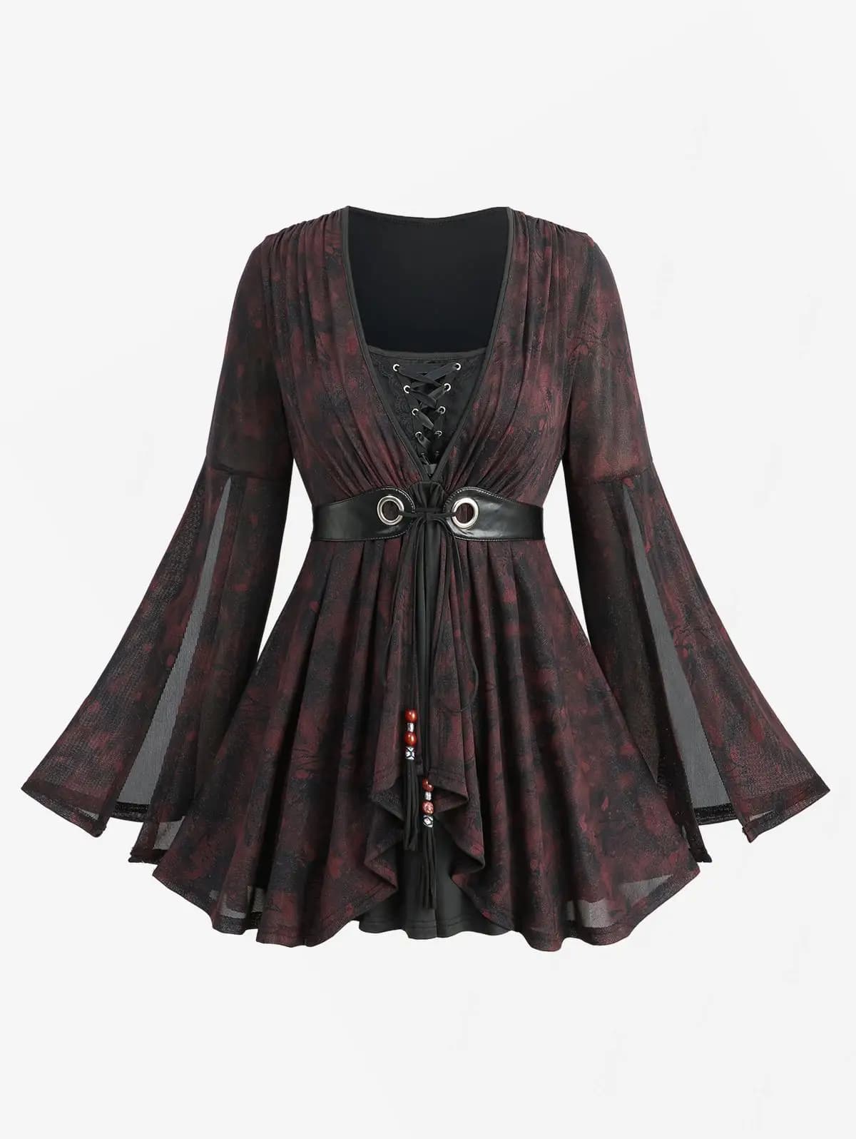 ROSEGAL T-shirt da donna taglie forti Lace-up Volant floreali Increspato PU Stripe Cravatta Split Manica svasata Top Primavera Autunno Camicetta casual