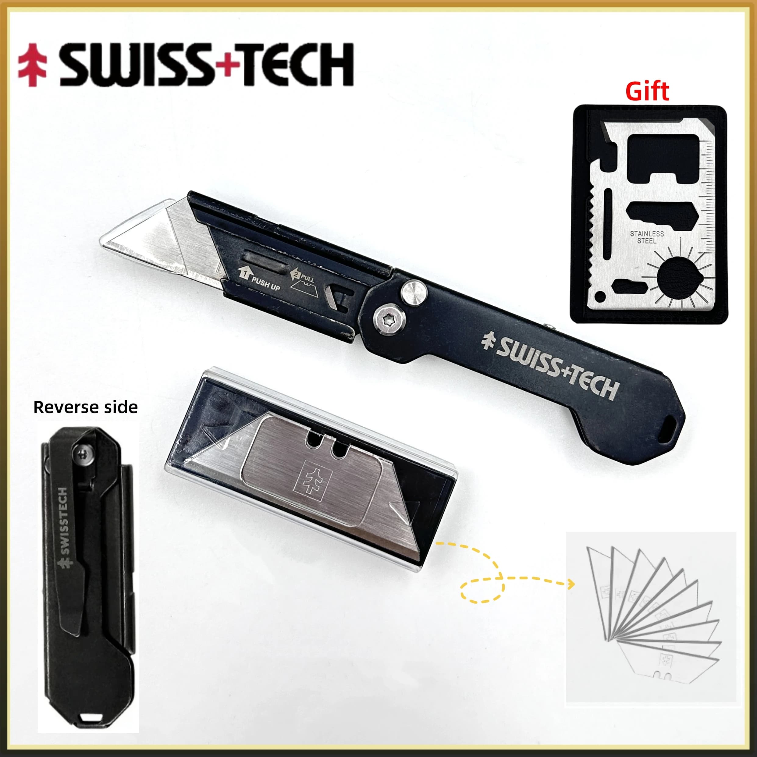 SWISS TECH Coltello multiuso pieghevole Disimballaggio Coltello espresso Coltello tascabile con clip da cintura Piccola lama da taglio per tagliare la scatola di carta