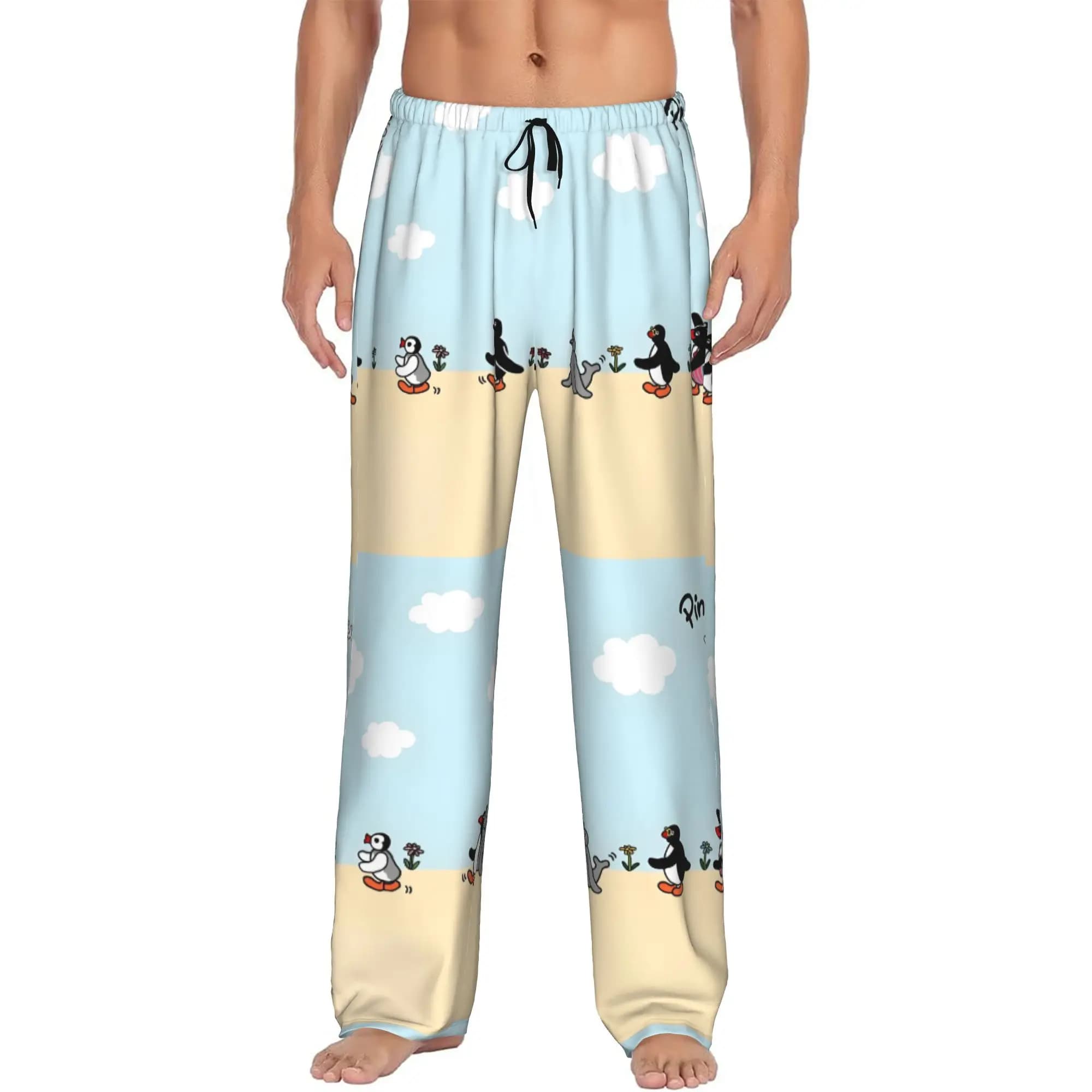 Pantaloni Pigiama Personalizzati Noot Noot Pingu per Uomo, Abbigliamento da Notte con Pinguino, Pantaloni con Coulisse e Tasche