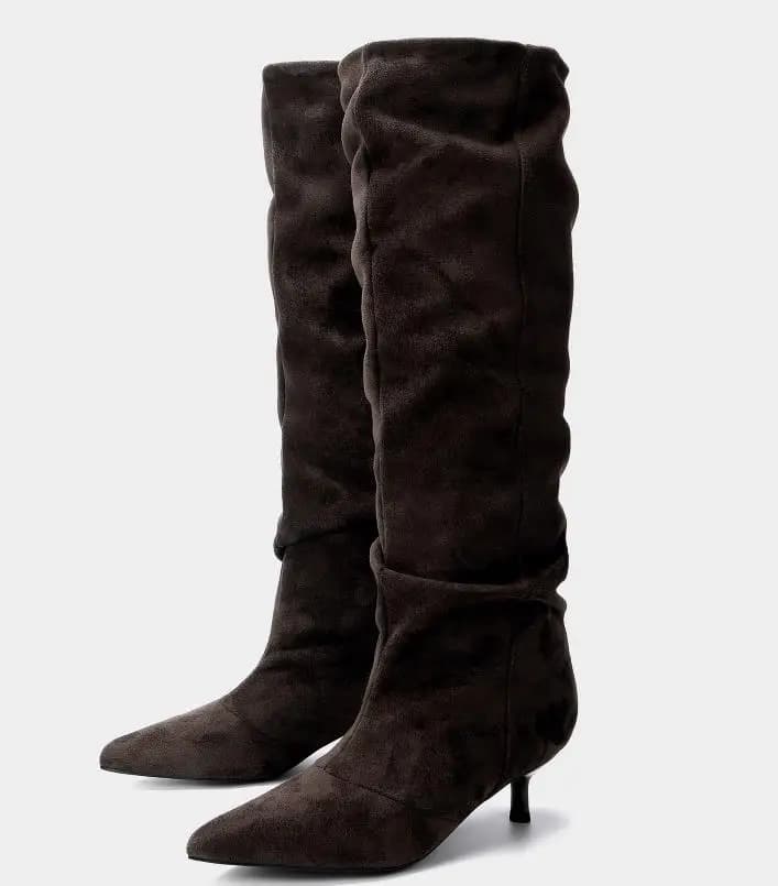Autumn Pleated Suede Knee High Boots Women Retro Brown Pointed Toe Kitten Heels Boots Designer Comfortable Light Botas Mujer