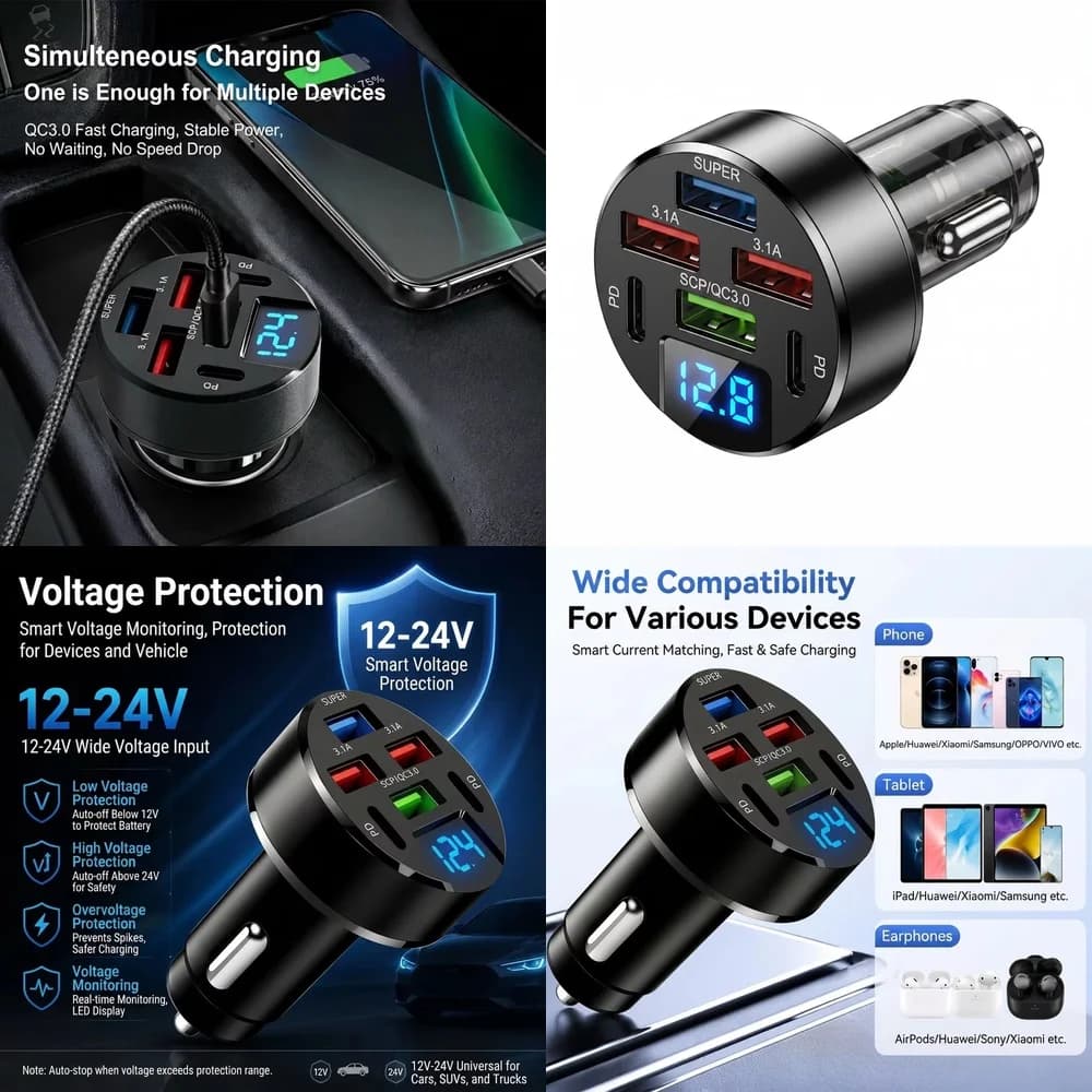 6 in 1 Car Charger 100W with Digital Display Multi Port QC3.0 PD Fast Charge USB Adapter for iPhone Samsung Xiaomi iPad Tablet