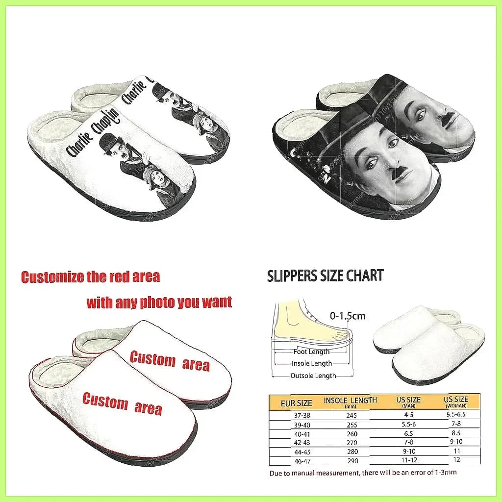 Charlie Chaplin Plush Slippers for Men & Women, Warm Fleece Indoor House Shoes, Custom DIY Home Gifts