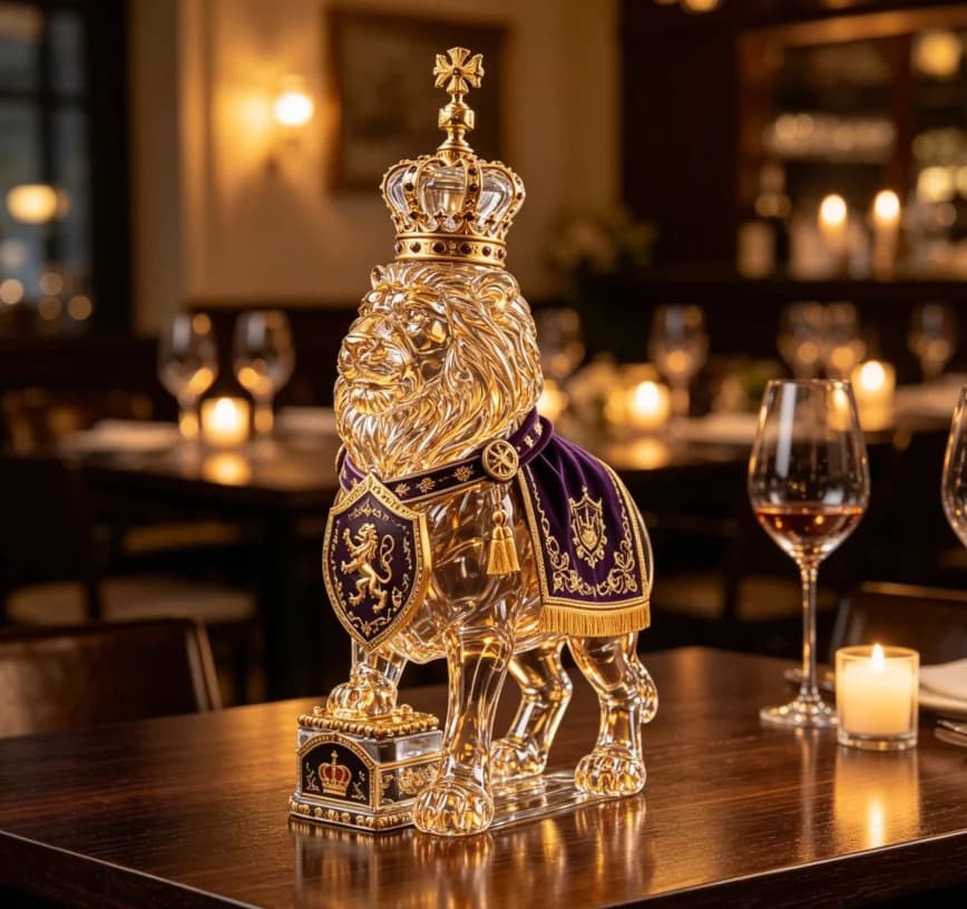 Unique Lion Figurine Glass Decanter with Crown Stopper, Clear Glass Wine Bottle for Whiskey Bourbon, Home Bar Decoration & Gift