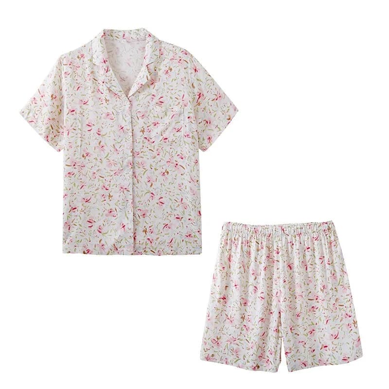 2025 Satin Women's Pink Printed Short-sleeved Shorts Pajama Set Viscose Turn-Down Collar Comfortable Casual Loungewear