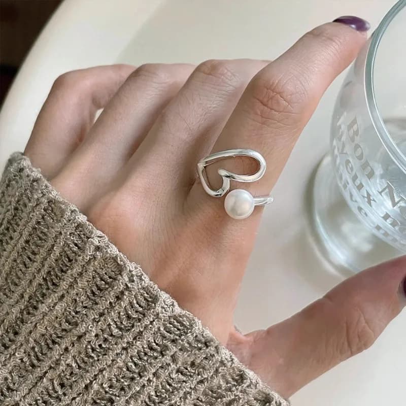 Sterling 925 Sterling Silver Ring in Heart Shape for Women and Girls, Korean Jewelry with Pearl, Birthday Gift, Dropshipping
