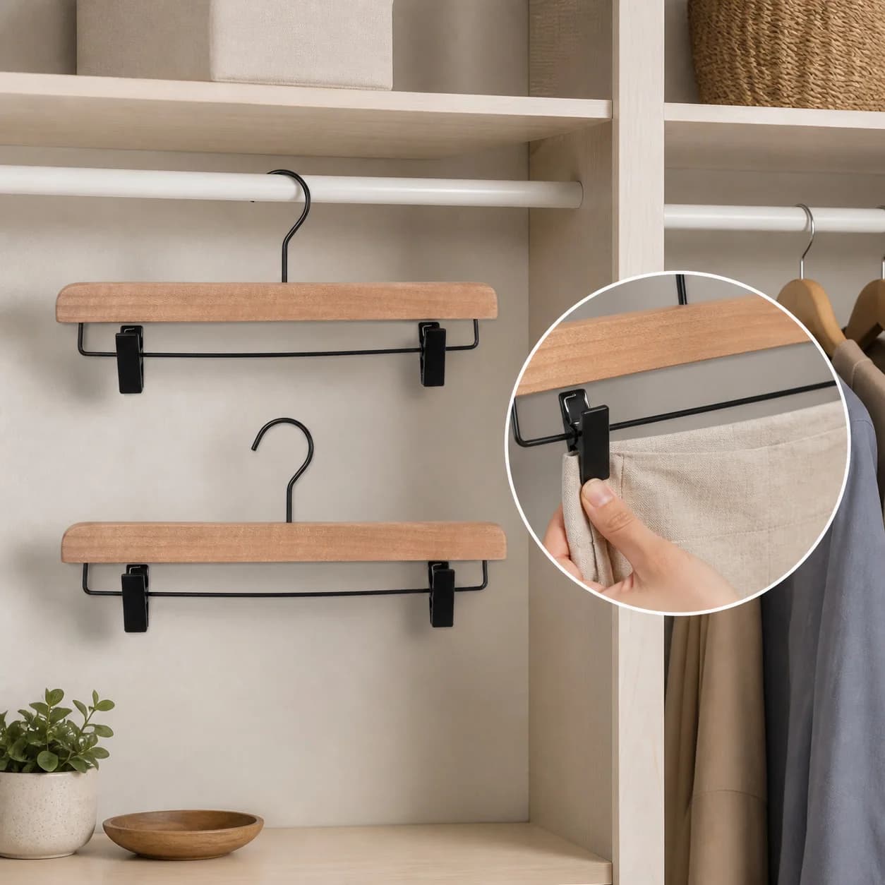 2pcs Natural Wood Pant Hangers With Clips, Non Slip Skirt Trousers Organizer For Closet Space Saving