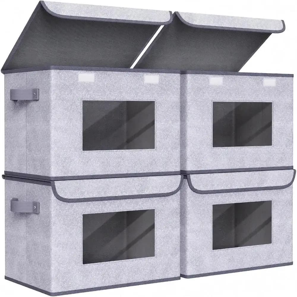 Scatole portaoggetti impilabili pieghevoli con coperchi, confezione da 4, grandi, organizer per armadi, cubi portaoggetti per casa e ufficio, grigio, 17 x 12 x 1