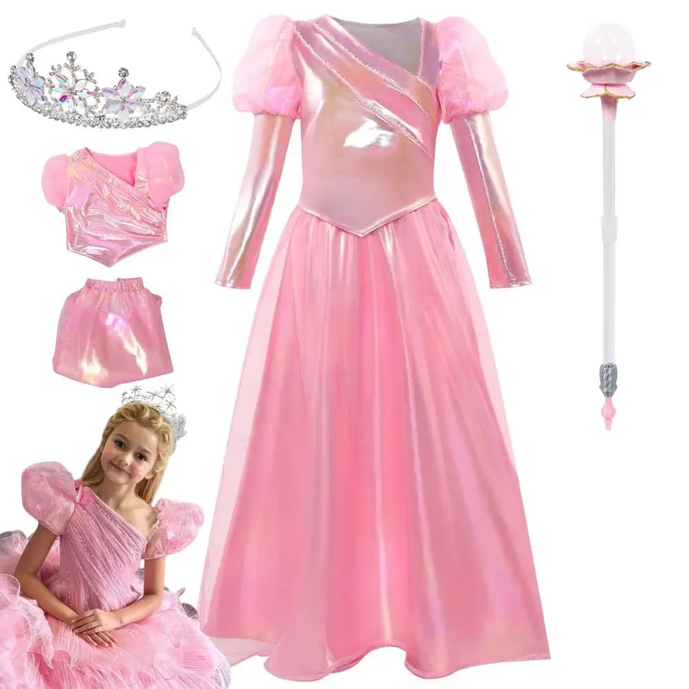 Young Glinda Cosplay Wicked 2 For The Good Costume for Kids Girls Gonna Bacchetta Magic Glinda Crown Role Game Halloween Carnival Dress