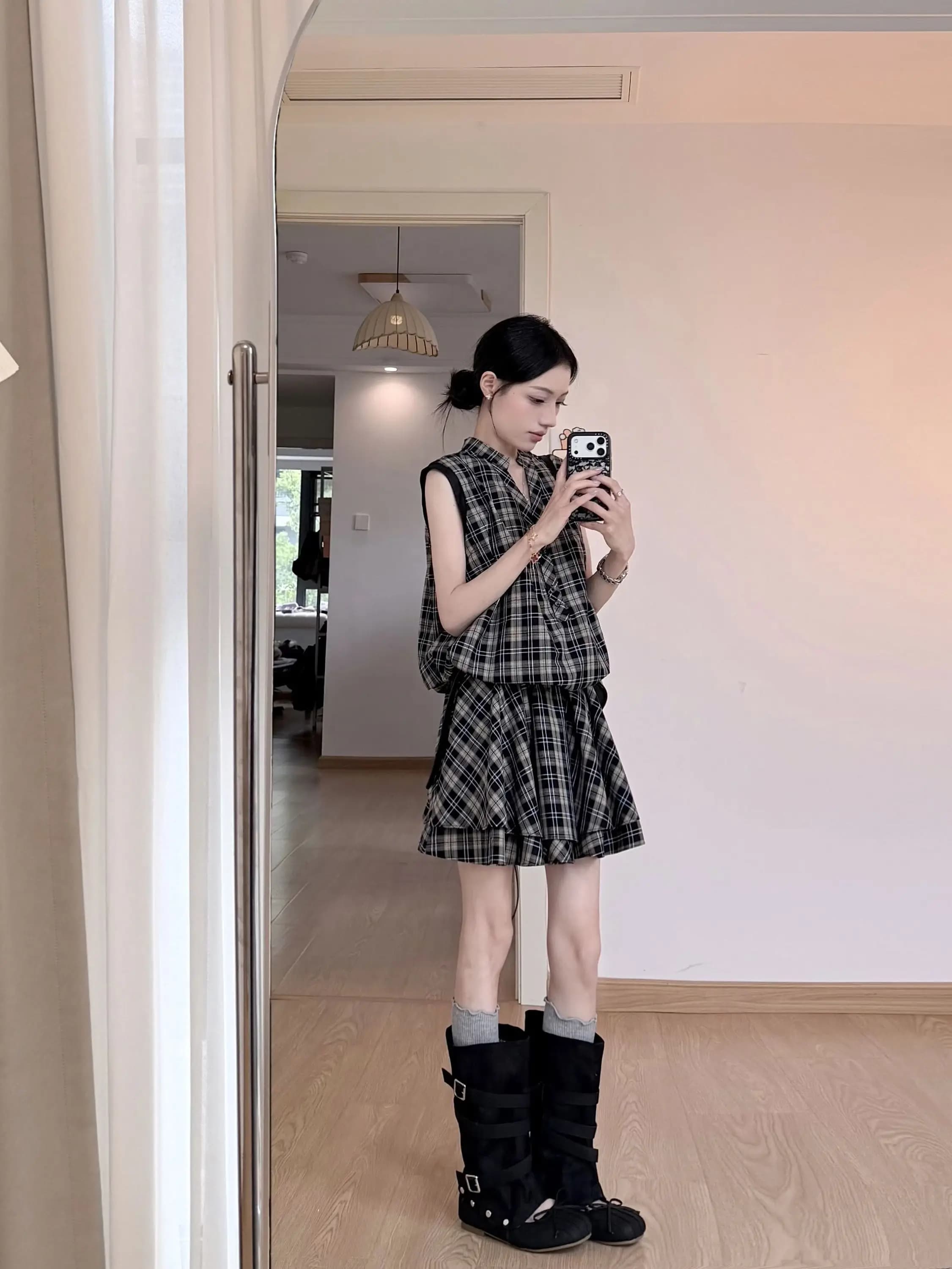 Retro Plaid Floral Print Dress Women's Summer New Design Sleeveless A-Line Skirt Breathable Comfortable Polyester Fabric
