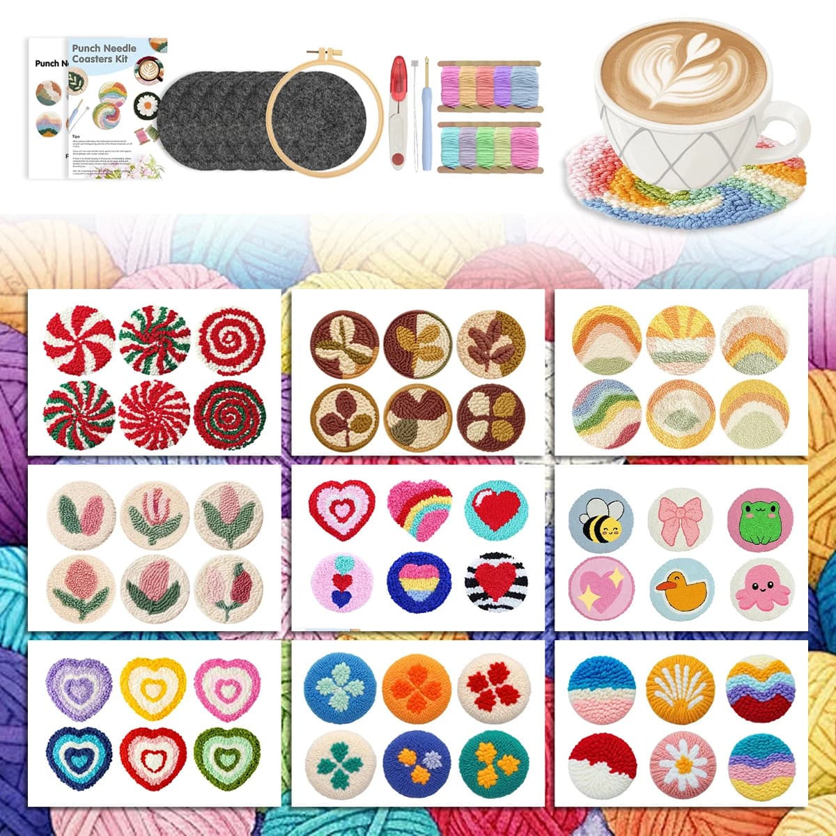 Kit di Ricamo Punch Needle GATYZTORY, 6 Pezzi, Set per Principianti, Sottobicchieri Fai-da-Te, Decorazione Casa, Regalo