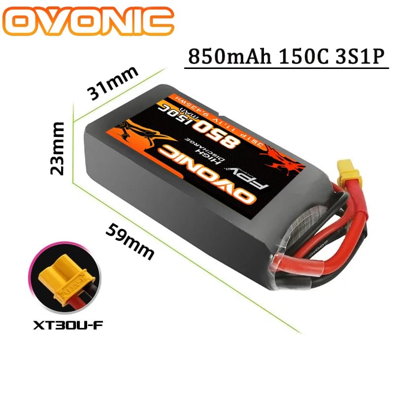 Batteria Lipo OVONIC 850mAh 11.1V 95C con connettore XT30 per elicottero RC, quadricottero, drone da corsa FPV, parti di ricambio, batteria 3S