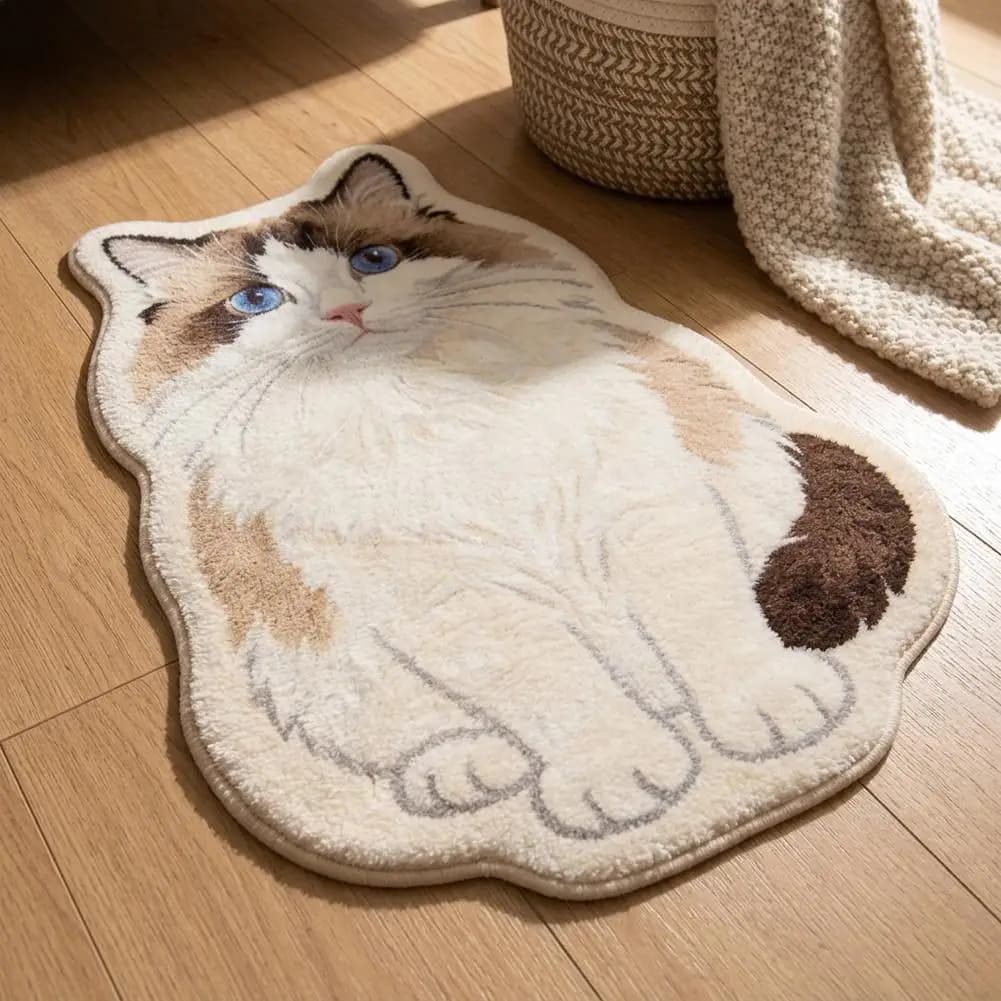 Tappeto Irregolare a Forma di Gatto, Morbido Tappetino in Peluche di Poliestere, Antiscivolo, Decorativo per Camera da Letto, per Amanti dei Gatti