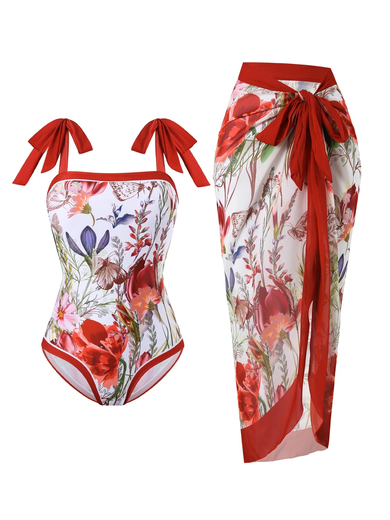 Costume da bagno intero stampato con design a petto piatto e gonna, set due pezzi, elegante abbigliamento da bagno per spiaggia e piscina