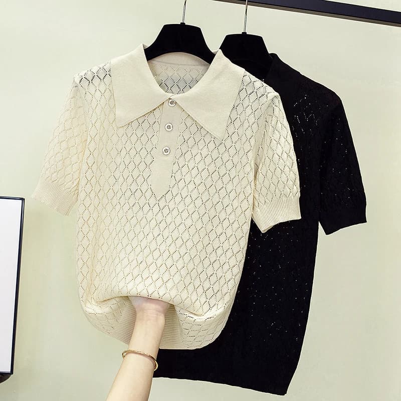 Estate donna maglione Pullover 2023 manica corta moda colletto Polo solido maglia t-shirt sciolto Casual Sexy scava fuori maglioni
