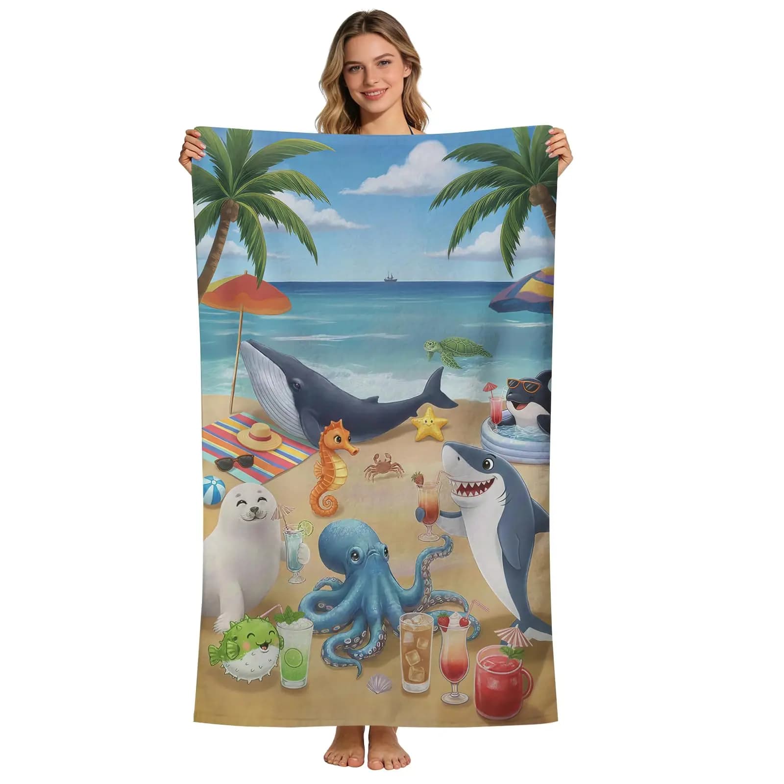 Asciugamano da Spiaggia con Simpatici Motivi di Squalo, Polpo e Balena, Stampa Piatta di Animali Marini, Asciugamano in Microfibra per Vacanze Estive, Regalo per Bambini e Piscina