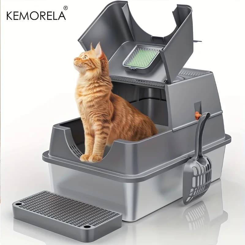KEMORELA Lettiera per gatti in acciaio inossidabile con coperchio: design frontale chiuso a prova di odore include paletta anti-perdite e facile da pulire