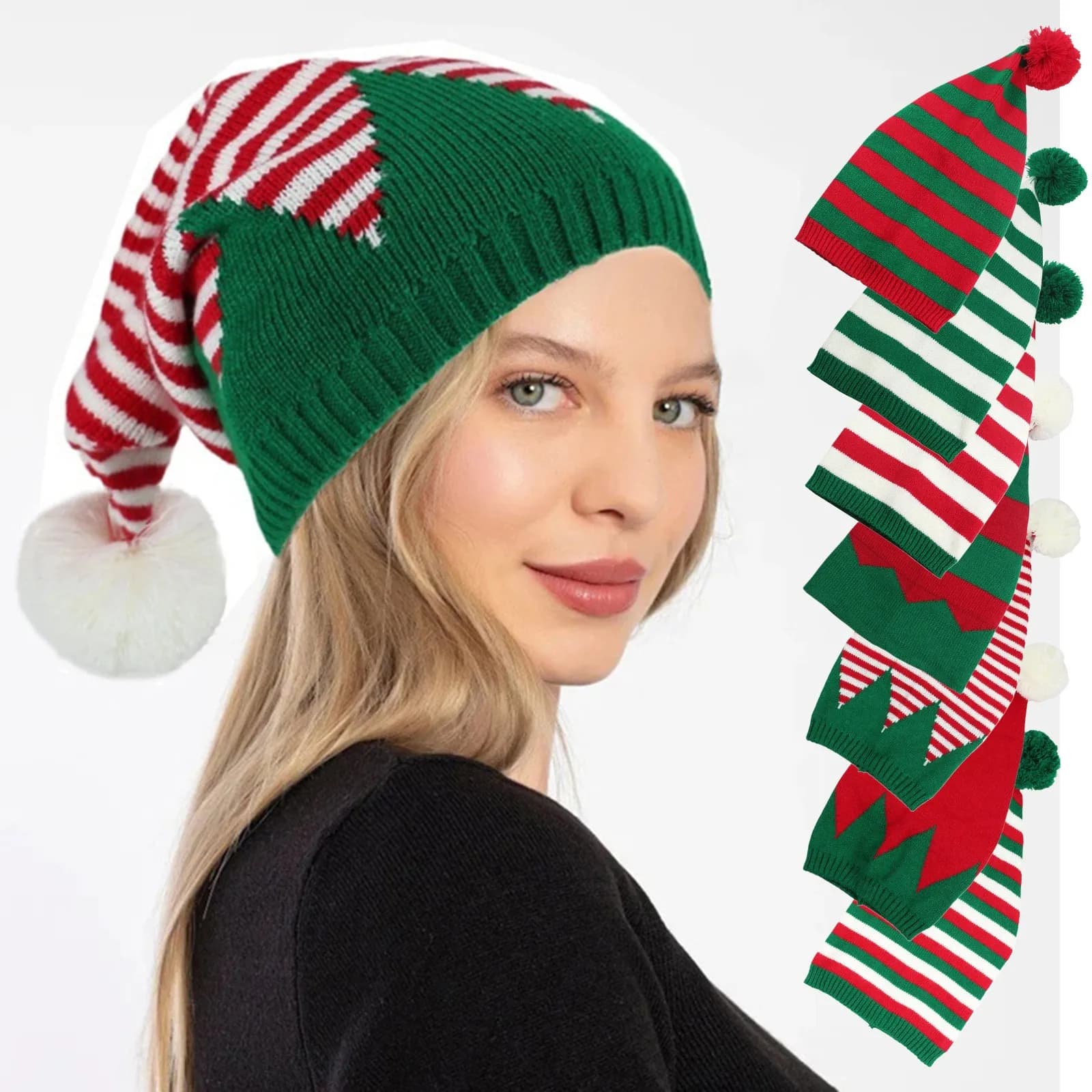 Cappello lavorato a maglia natalizio per adulti Berretti da elfo Babbo Natale Cappello lavorato a maglia all'uncinetto a righe rosse verdi Buon Natale Felice anno nuovo