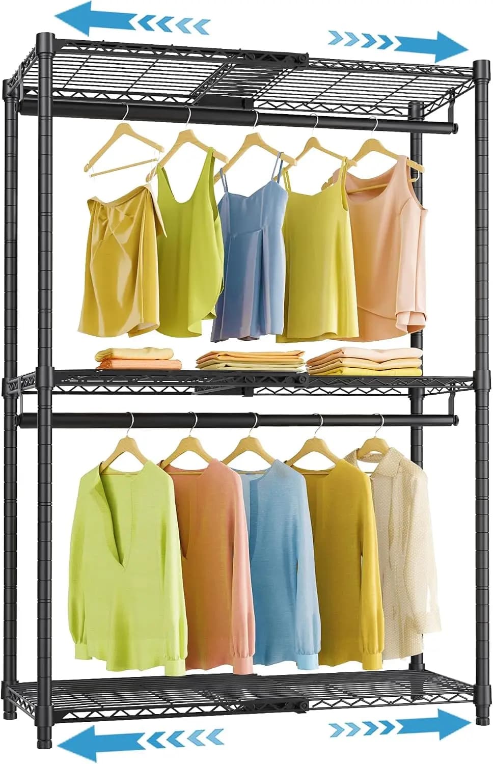 Expandable Clothes Rack Heavy Duty Adjustable 2-3.5ft with Shelves and Hanger Rods, Portable Closet for Small Spaces, Black