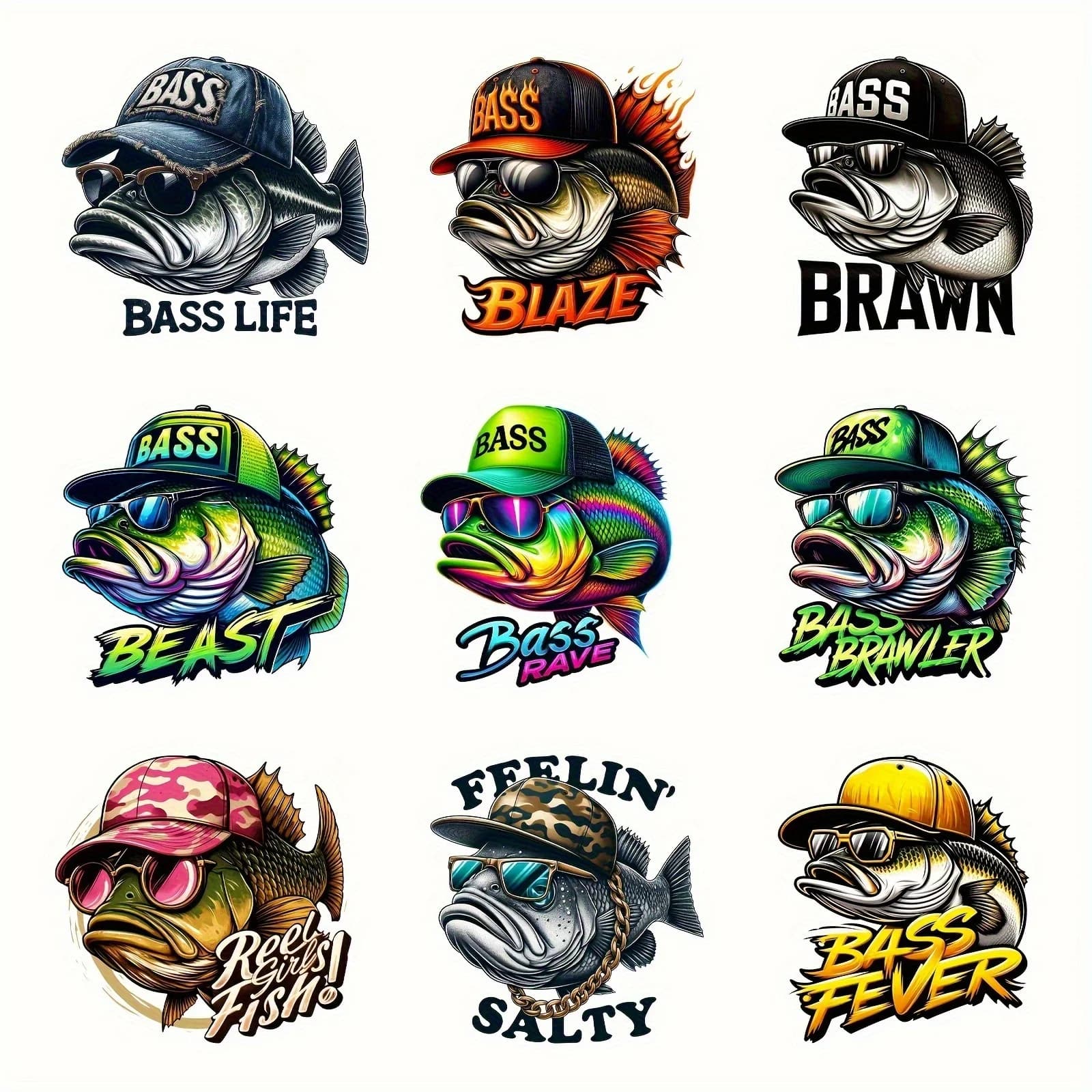 9 fun iron patches to iron for bass – Glasses and hats – Colorful HTV Vinyl – Washables for shirts, jackets, jeans – For lovers of fishing
