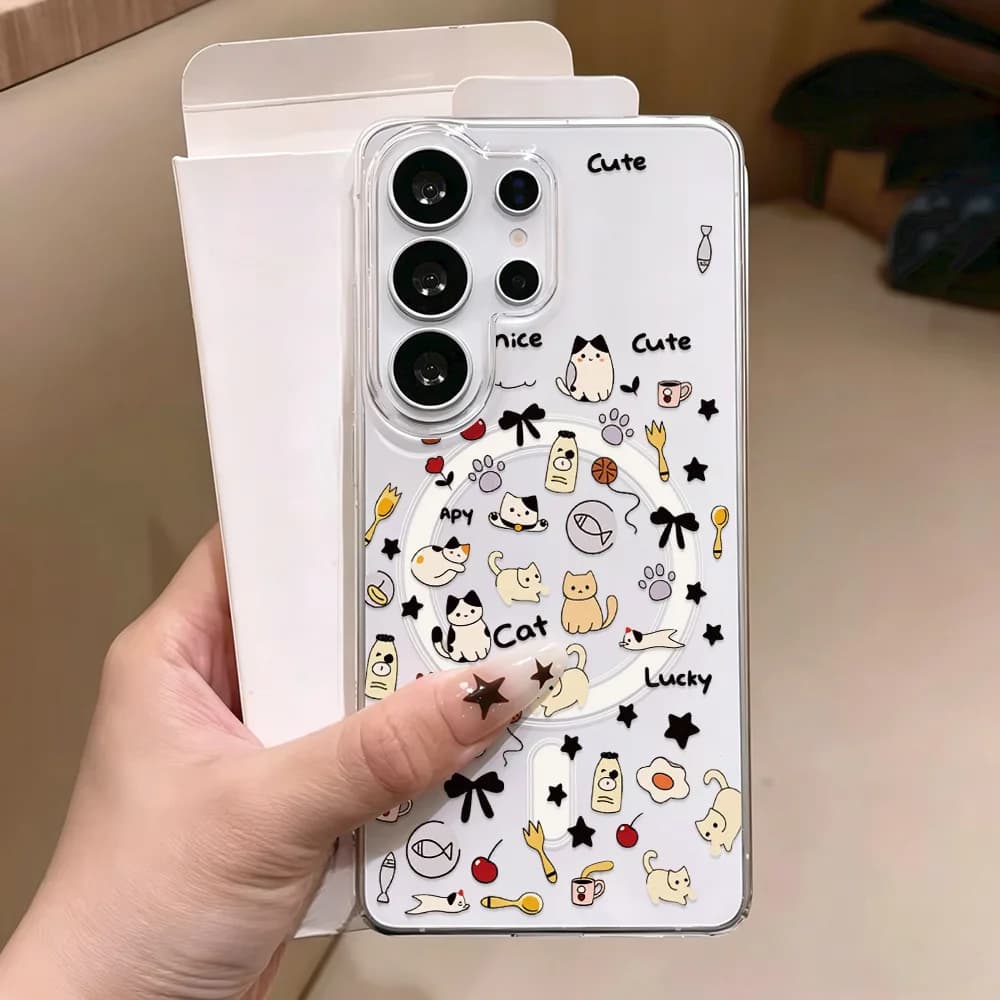 Cute Cat Magnetic Phone Case For Samsung S26 Ultra S25 S24 A57 A56 5G A37 A17 A07 A16 A06 A15 A55 A54 A35 A26 For Magsafe Cover