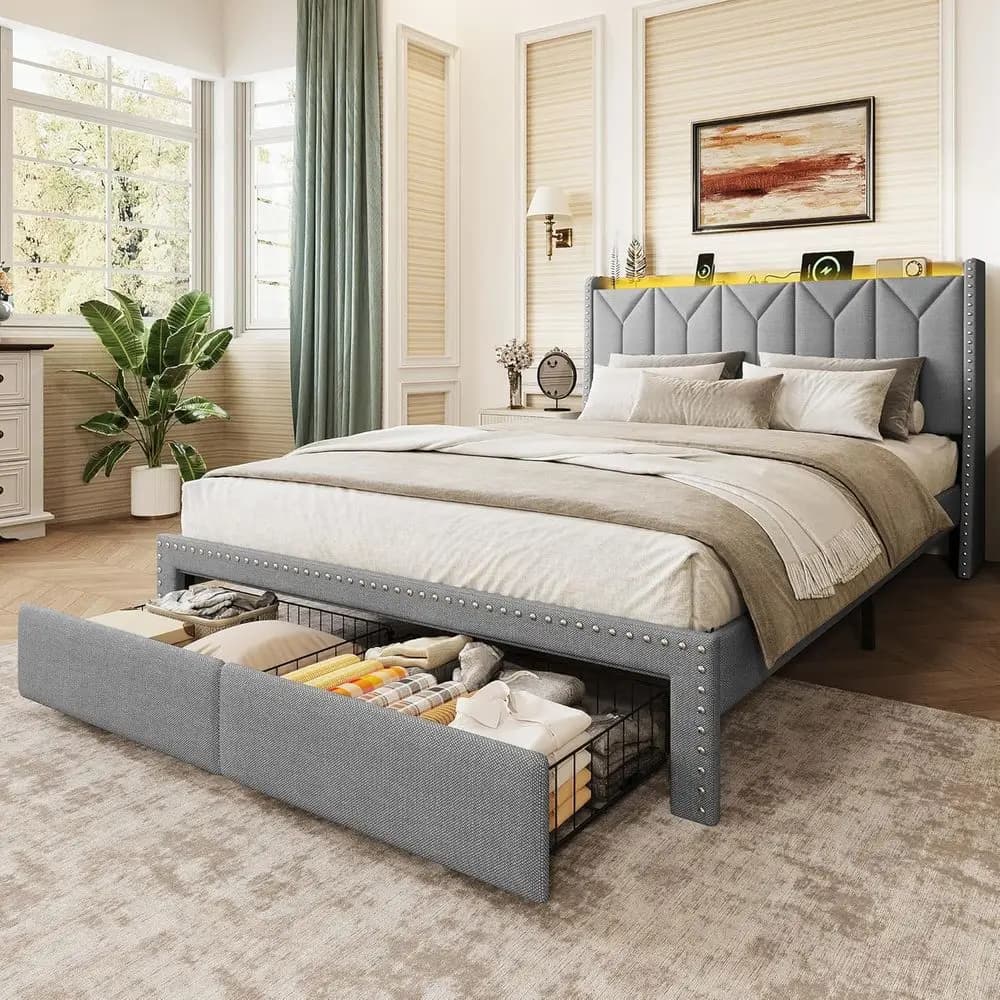 Light gray padded bed with 2 drawers, container platform, charging station, LED light, metal and wood slats, without slats